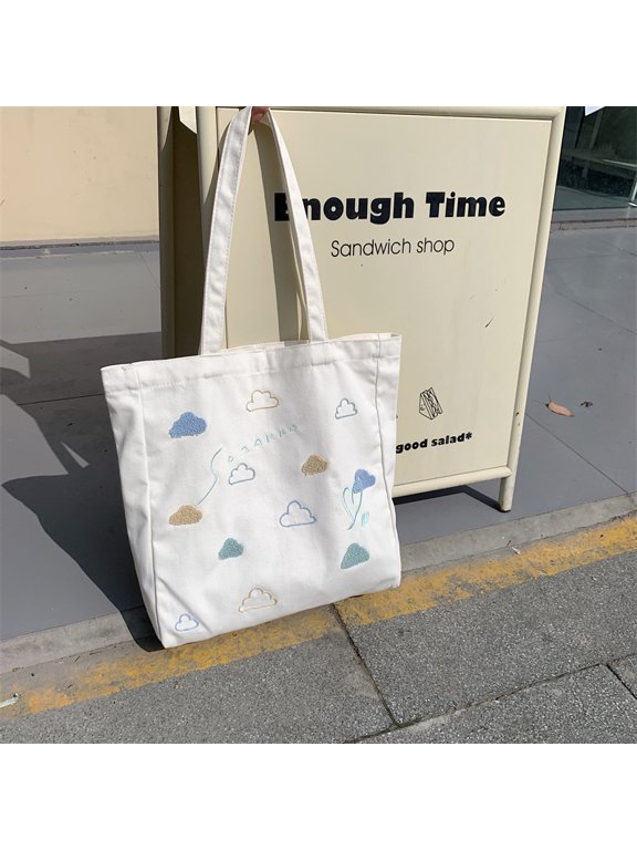 JennyShop Japanese Small Cloud Tote Canvas Bag Embroidered Versatile Literary Shoulder Handbag Large Capacity Vest Bag