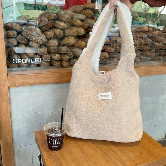 JennyShop Lamb Wool Cute Plush Autumn And Winter Large Capacity Canvas Bag Women's Fluffy Positive And Negative Vest Bag