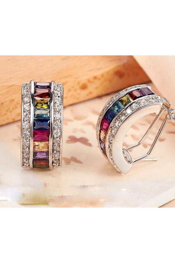JennyShop New Rainbow Rectangular Cubic Zirconia Hoop Earrings for Women Bling Luxury Wedding Accessories Party Fashion Jewelry