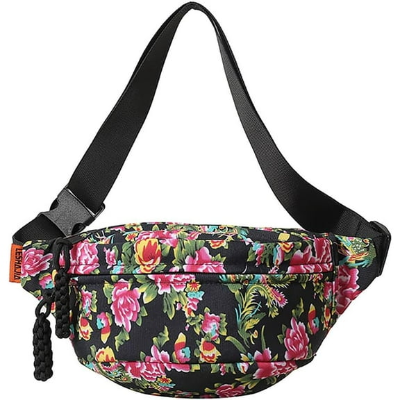 JennyShop Pretty Crossbody Bag Waist Purse for Women, Floral Nylon Chest Bag Colorful Flower Print Shoulder Bag Fashion
