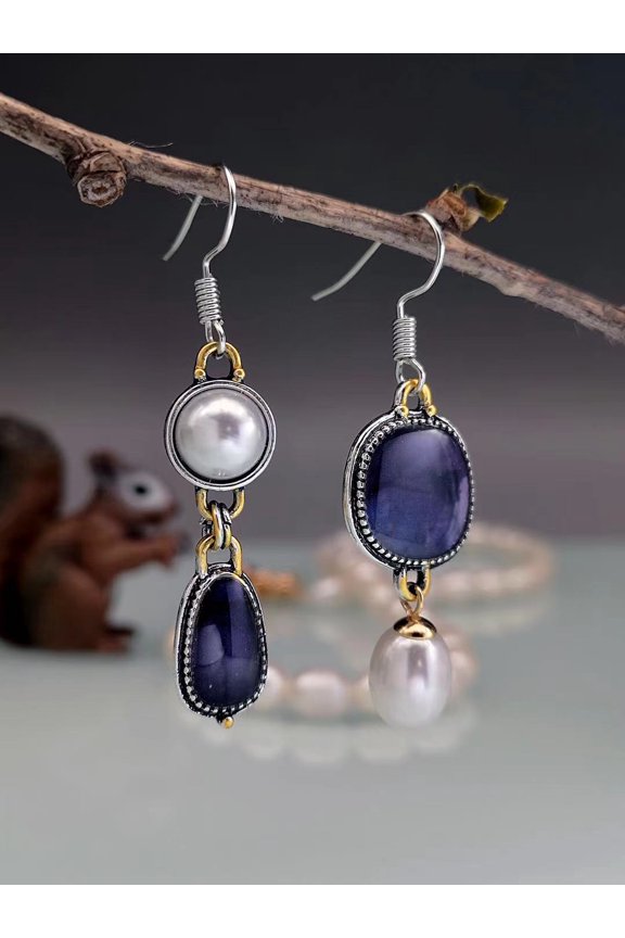 JennyShop Retro asymmetrical imitation pearl water droplet earrings, deep blue patterned jewelry, metal flowers, declaration earring acces