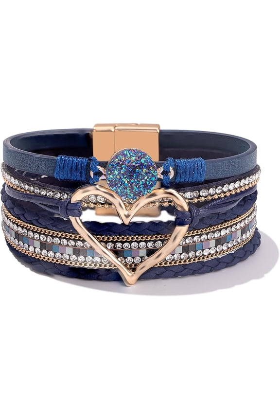 JennyShop Trendy Resin Stone Rhinestone Bracelets with Magnetic Clasp for Women Mother Gift Jewelry,Pretty Heart Leather Wrap Bracelets Stackable Cuff Bangles