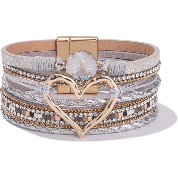 JennyShop Trendy Resin Stone Rhinestone Bracelets with Magnetic Clasp for Women Mother Gift Jewelry,Pretty Heart Leather Wrap Bracelets Stackable Cuff Bangles