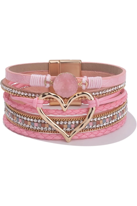 JennyShop Trendy Resin Stone Rhinestone Bracelets with Magnetic Clasp for Women Mother Gift Jewelry,Pretty Heart Leather Wrap Bracelets Stackable Cuff Bangles