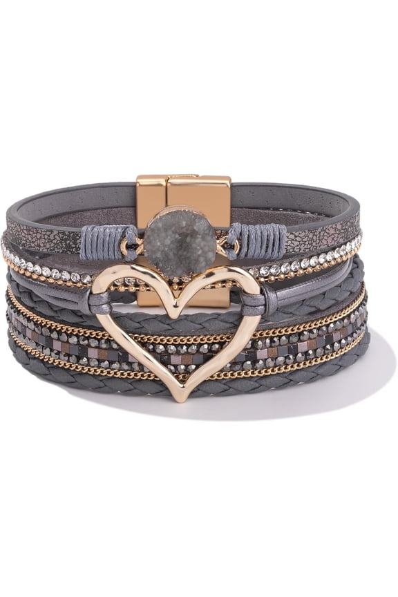 JennyShop Trendy Resin Stone Rhinestone Bracelets with Magnetic Clasp for Women Mother Gift Jewelry,Pretty Heart Leather Wrap Bracelets Stackable Cuff Bangles