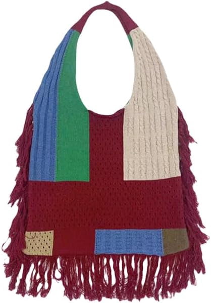 JennyShop Vintage Crochet Shopping Bag for Women, Fashion Knitted Shoulder Handbag Patchwork Tote Purse with Tassel Decoration