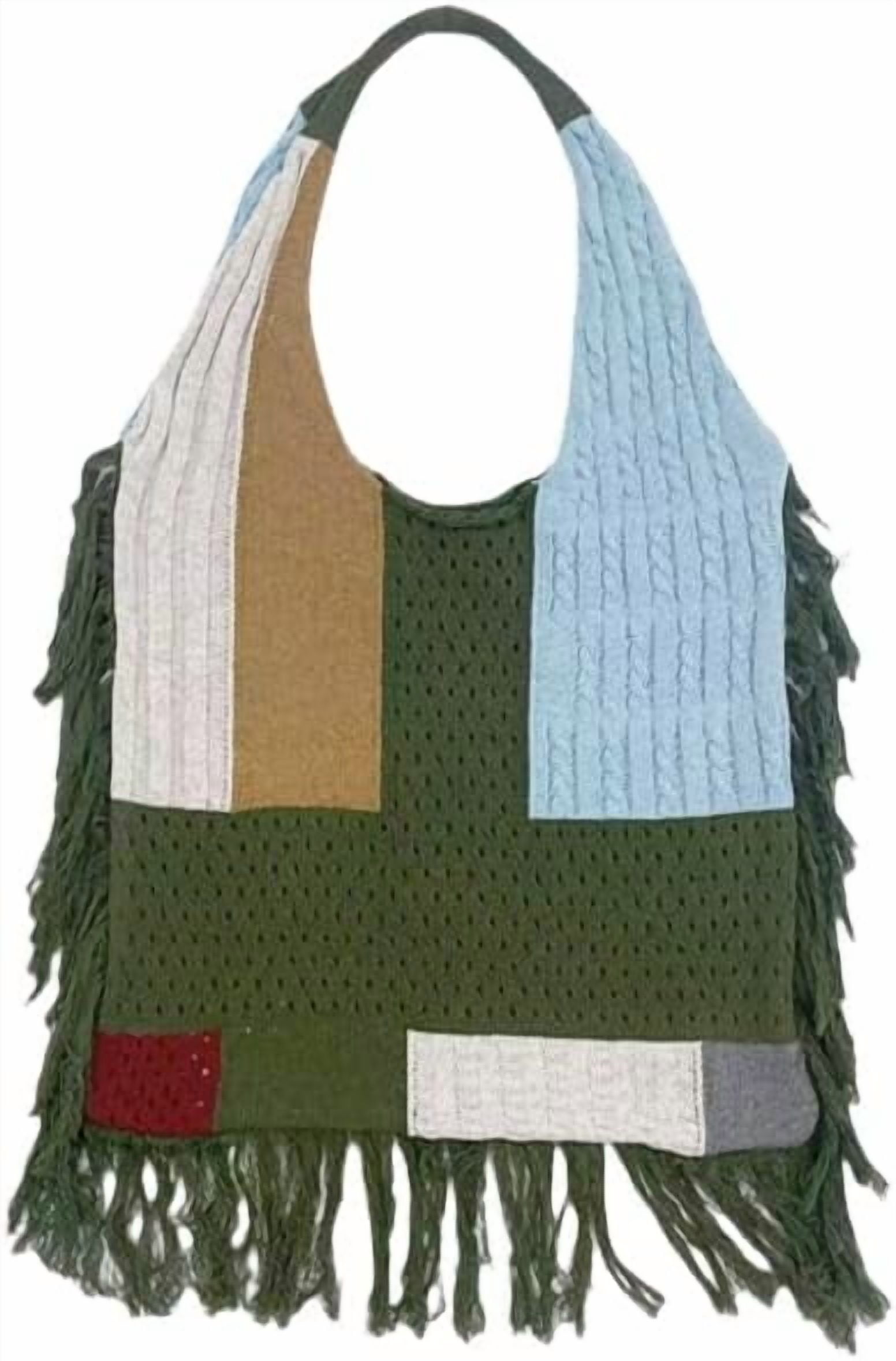 JennyShop Vintage Crochet Shopping Bag for Women, Fashion Knitted Shoulder Handbag Patchwork Tote Purse with Tassel Decoration