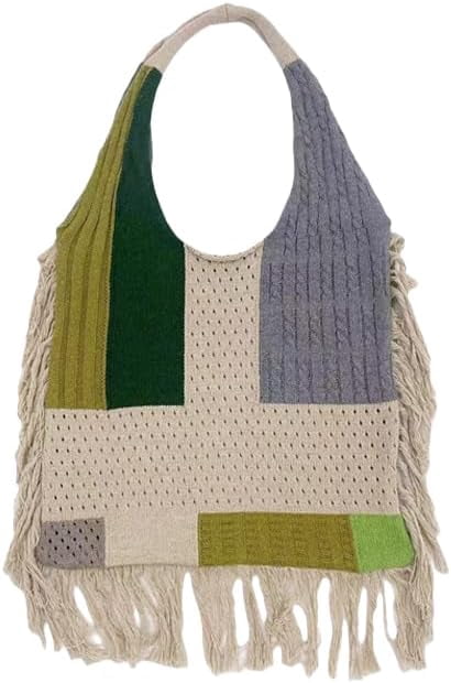JennyShop Vintage Crochet Shopping Bag for Women, Fashion Knitted Shoulder Handbag Patchwork Tote Purse with Tassel Decoration