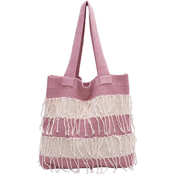 JennyShop Vintage Crochet Shopping Bag for Women, Hot Sale Knitted Shoulder Handbag, Striped Tote Purse with Tassel Decoration