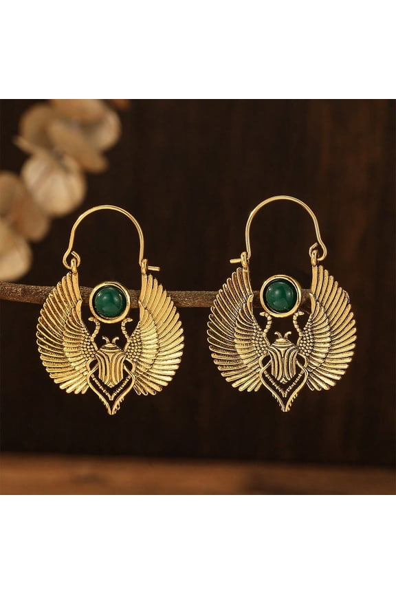 JennyShop Vintage Egyptian Inspired Designs Sacred Wings Scarab Large Hoops Earrings Gypsy Tribal Women Gold Color Earrings Party Gift