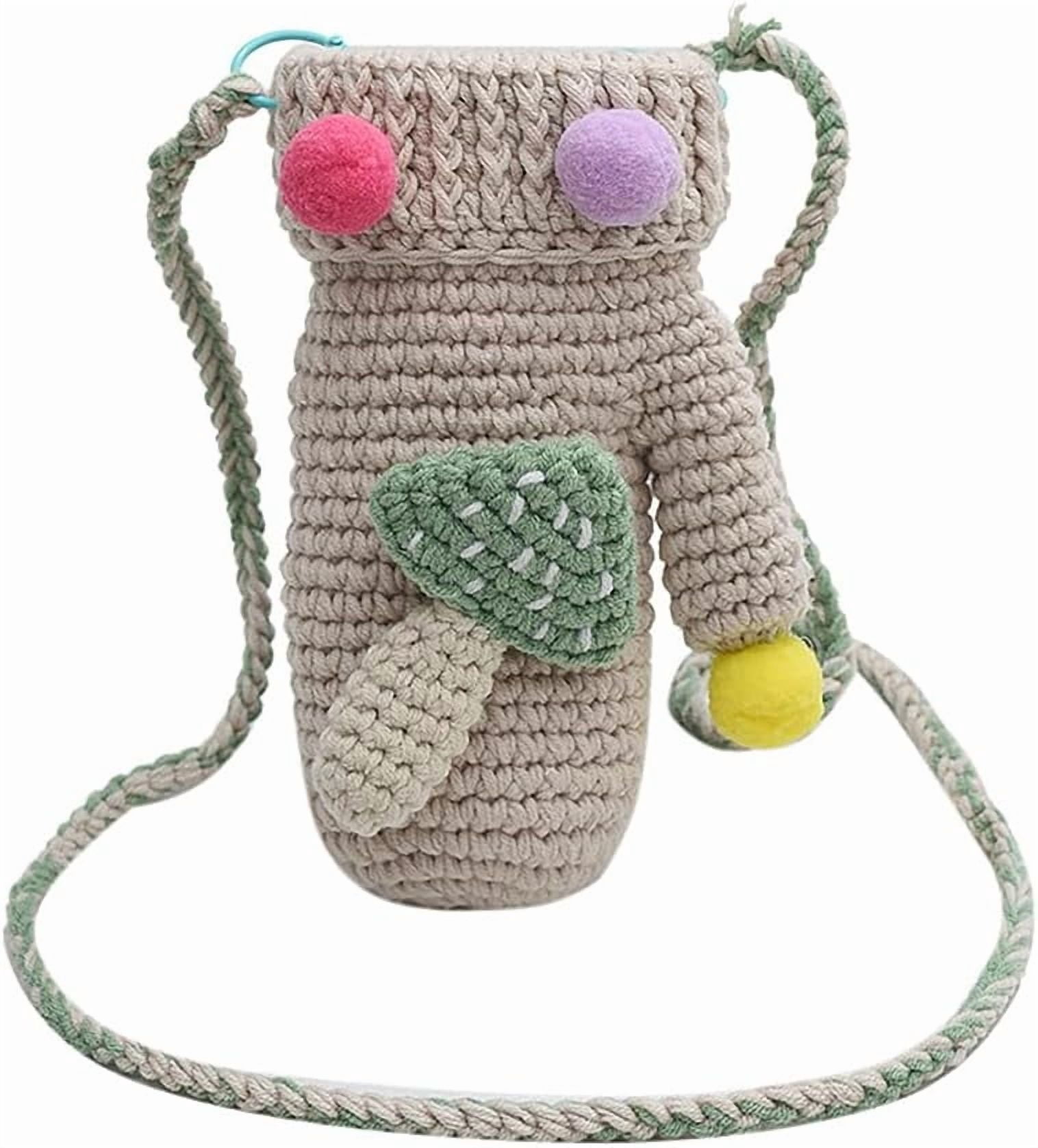 JennyShop Women Knitted Glove Shaped Crossbody Bag Pretty Shoulder Bag Crochet Cell Phone Bag with Mushroom Decoration
