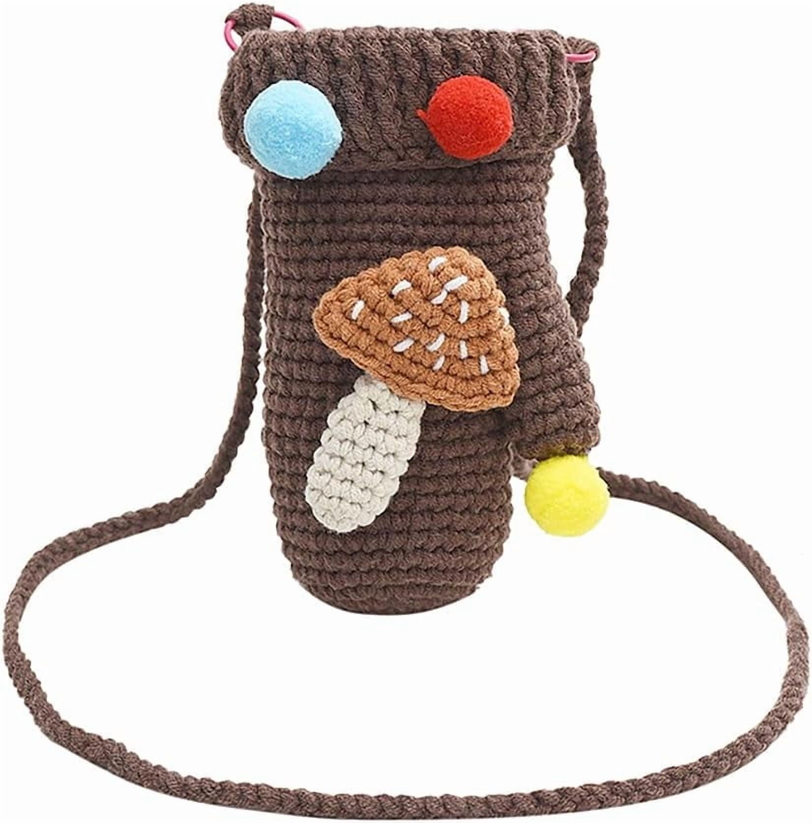 JennyShop Women Knitted Glove Shaped Crossbody Bag Pretty Shoulder Bag Crochet Cell Phone Bag with Mushroom Decoration