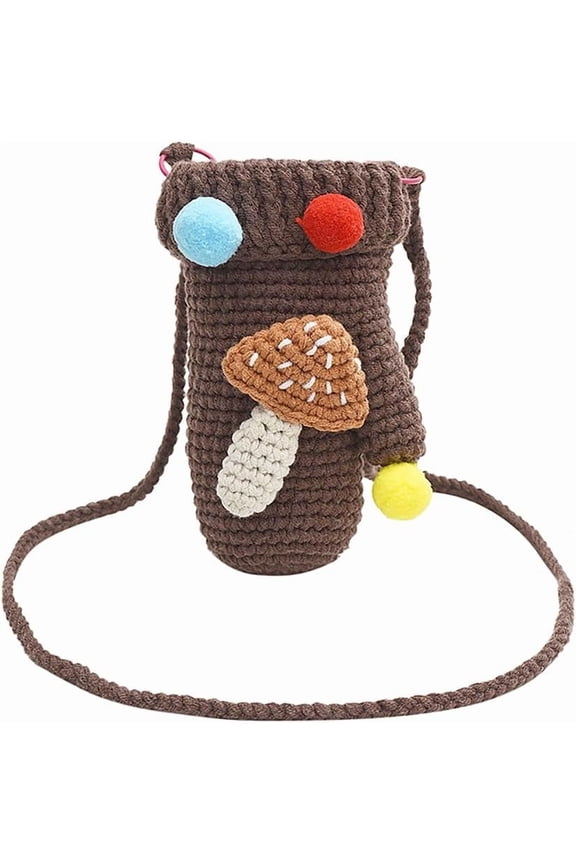 JennyShop Women Knitted Glove Shaped Crossbody Bag Pretty Shoulder Bag Crochet Cell Phone Bag with Mushroom Decoration