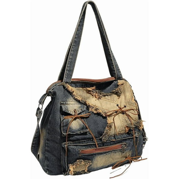 JennyShop Y2K Casual Fashion Bag, Large Capacity Tote Bag, Spicy Girl Bag, Retro Shoulder Bag, Washed Denim Bag