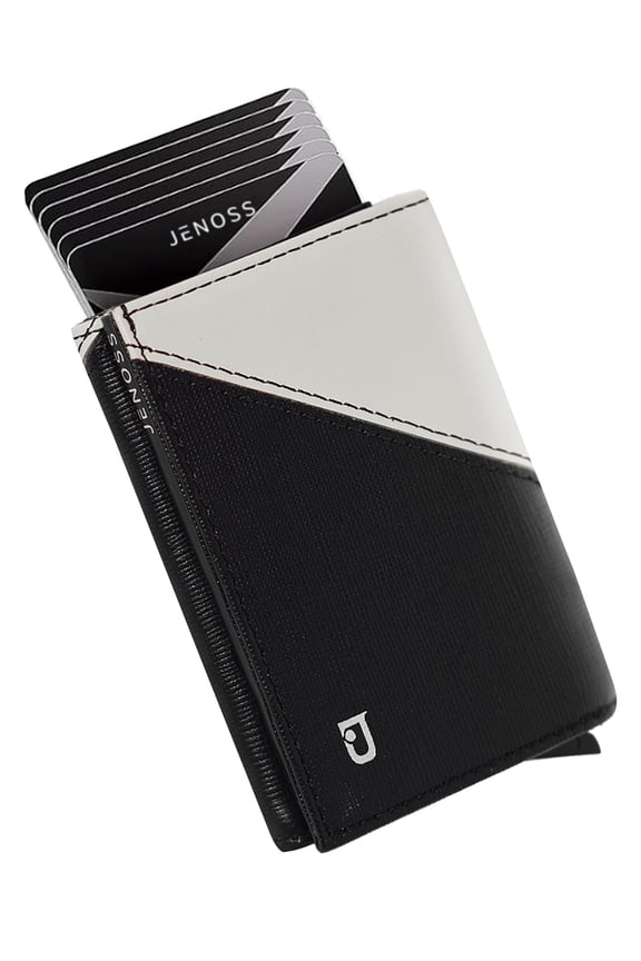 Jenoss Smart Wallet For Men: Full Grain Leather, Slide Metal Pop Up Case, Slim RFID Blocking Credit Card Holder, Minimalist, Compact 12 Cards Slot Organizers, ID, Money Clip (Black&Cream) Y101