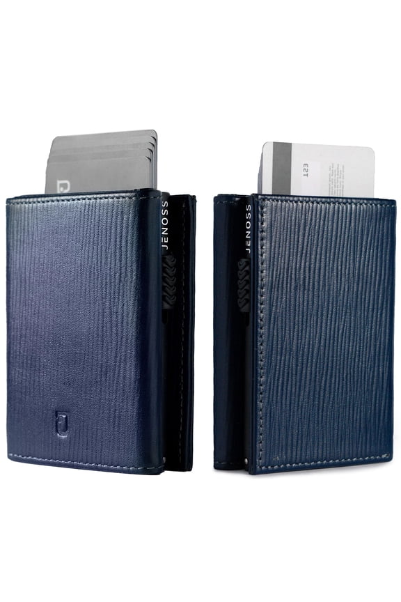 Jenoss Smart Wallet For Men: Full Grain Leather, Slide Metal Pop Up Case, Slim RFID Blocking Credit Card Holder, Minimalist, Compact - 9-12 Card Organizers | ID | Money Clip (EPI Navy) Y101