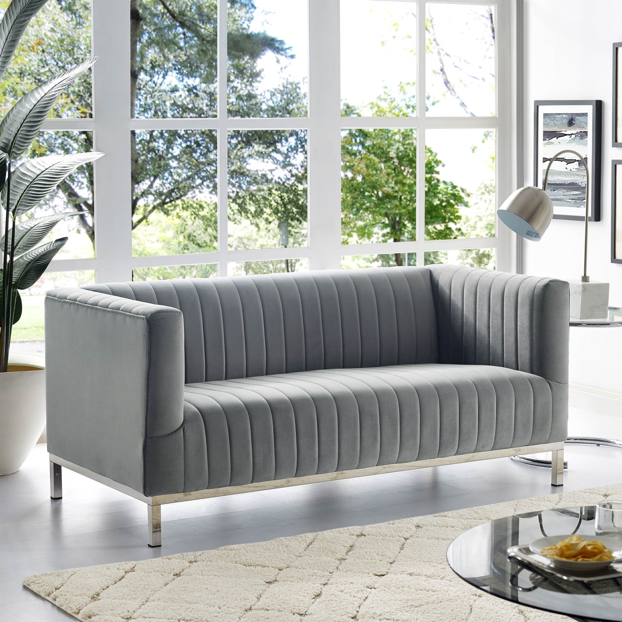 Jens Grey Chrome Velvet Loveseat Sofa Tuxedo Line Stitch Tufted Stainless Steel Chrome Legs Walmart