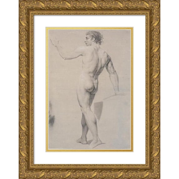 Jens Juel 11x14 Gold Ornate Wood Frame and Double Matted Museum Art Print Titled - Model Standing, Seen from the Back, Left Arm Lifted (1745 - 1802)