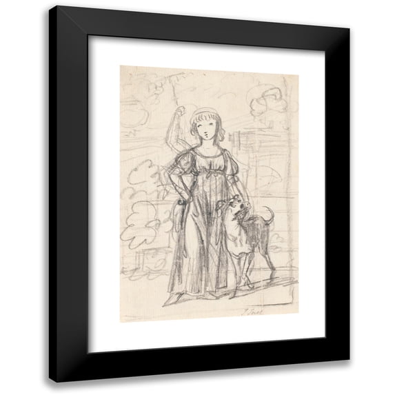 Jens Juel 13x18 Black Modern Framed Museum Art Print Titled - Composition of Composition of a Portrait of a Young Girl with Right Hand in Side and Left Arm Around the Neck of Her Dog, Standi
