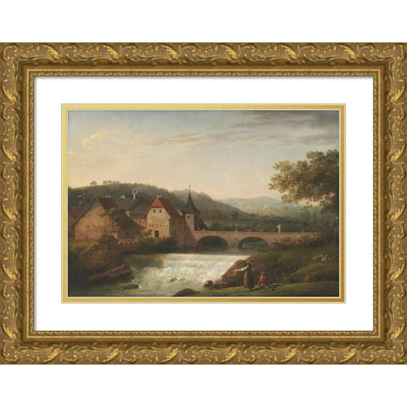 Jens Juel 18x14 Gold Ornate Wood Frame and Double Matted Museum Art Print Titled - The Bridge and the Waterfall at Dornach, Switzerland (1791)
