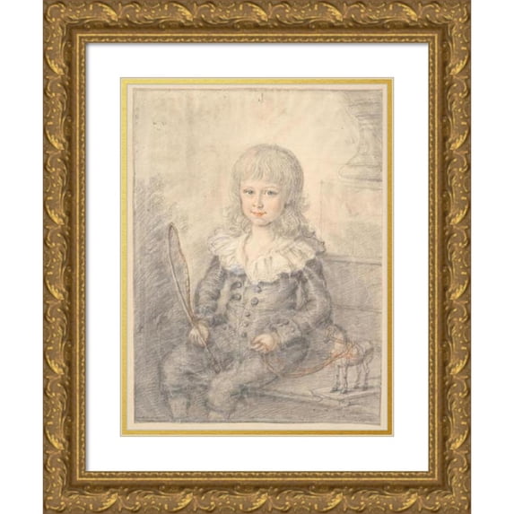 Jens Juel 19x24 Gold Ornate Framed and Double Matted Museum Art Print Titled - Portrait of Boy with a Toy Horse (1745 - 1806)