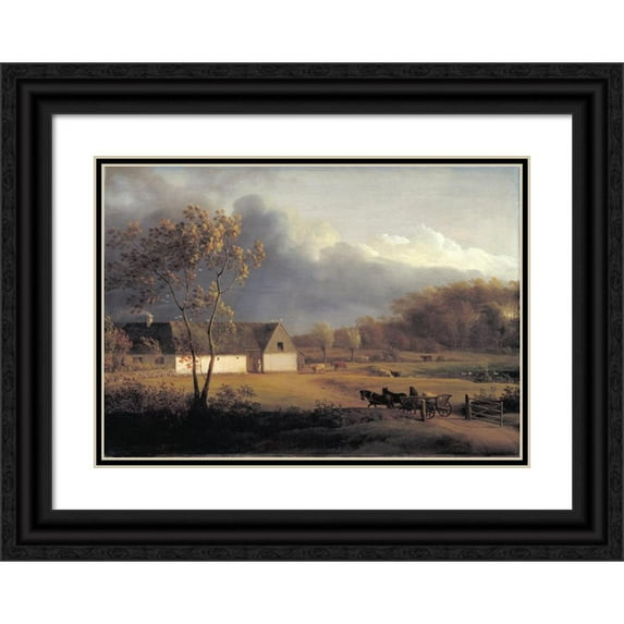 Jens Juel 24x18 Black Ornate Framed Double Matted Museum Art Print Titled: A Storm Brewing Behind a Farmhouse in Zealand (1791 - 1793)