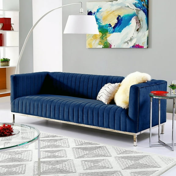 Jens Navy/Chrome Velvet Sofa - Tuxedo, Line Stitch Tufted, Stainless Steel Chrome Legs