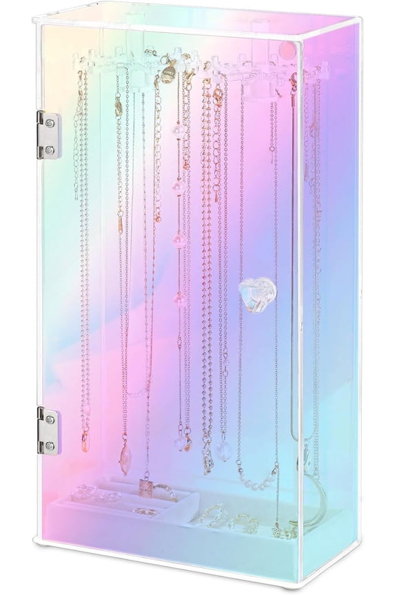 Jenseits Iridescent Necklace Organizer, Acrylic Necklace Holder w/Velvet Tray, Dustproof Rotation Jewelry Holder Organizer Display Stand Box Hanger, Necklaces Ring Bracelet Case, Gift for Women, Girl