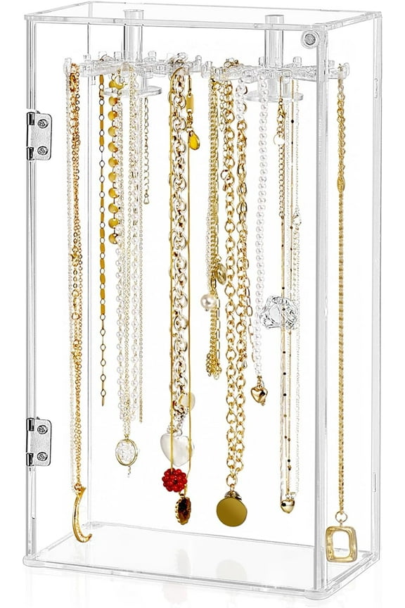Jenseits Necklace Holder Organizer, Acrylic Jewelry Holder Stand, Rotation Clear Jewelry Storage Hanging W/ 24 Hooks, Dustproof Long Necklaces Pendant Bracelets Display Case Box Gift for Women, Girls
