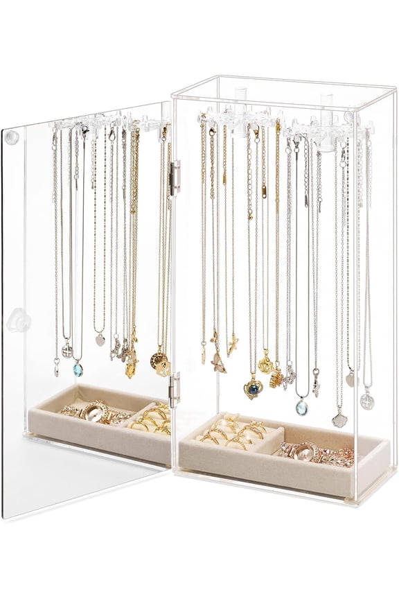 Jenseits Necklace Holder Organizer, Acrylic Jewelry Organizer with Velvet Tray & Built-in Mirror, 24 Hooks Dustproof Clear Jewelry Box Storage Stand, Ring Earrings Bracelets Display Case for Women