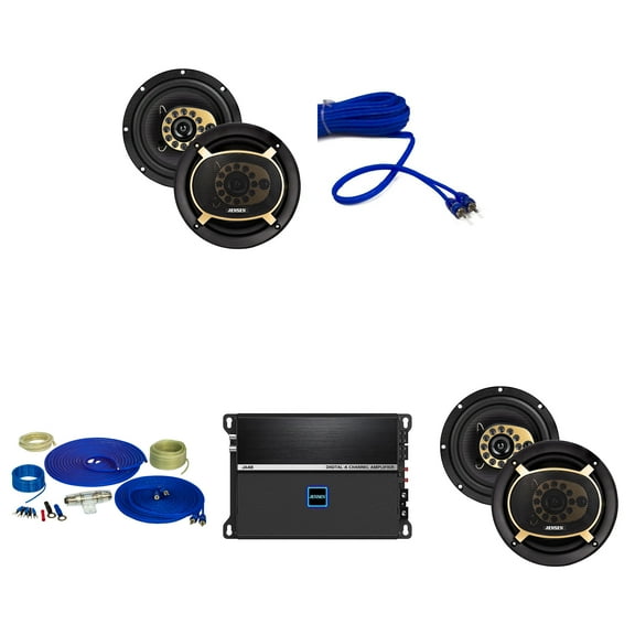 Jensen (2 Pairs) JS65T 6.6" 3-Way Speakers Triaxial with Jensen JA4B 4-Channel 740 Watt Amplifier and Wiring Kit