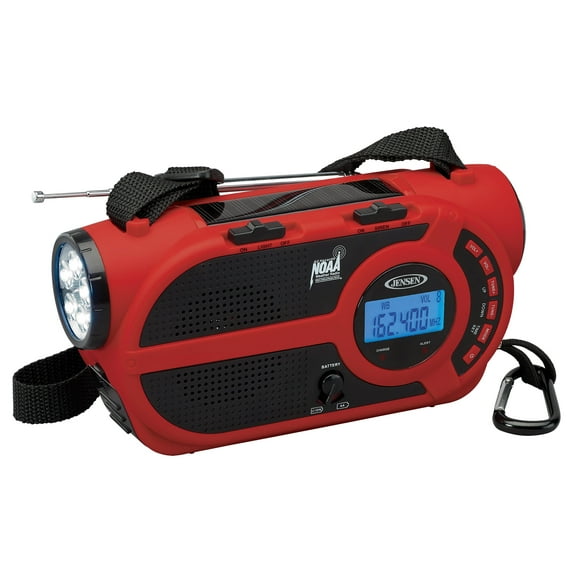 Jensen AM/FM Weather Band Alert Radio with 4-Way Power, Built-in Flashlight and Emergency USB Charging