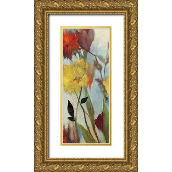 Jensen, Asia 10x18 Gold Ornate Wood Framed with Double Matting Museum Art Print Titled - Floral Medley I - Mini