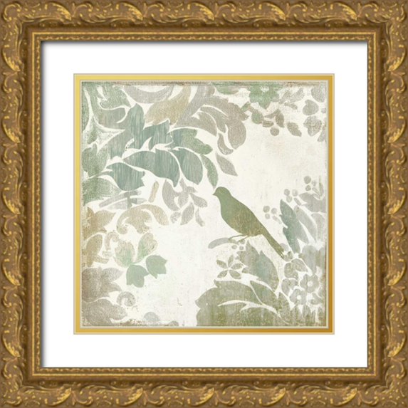 Jensen, Asia 12x12 Gold Ornate Wood Framed with Double Matting Museum Art Print Titled - Damask Bird II