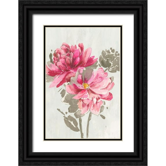 Jensen, Asia 13x18 Black Ornate Wood Framed with Double Matting Museum Art Print Titled - Ink Peony