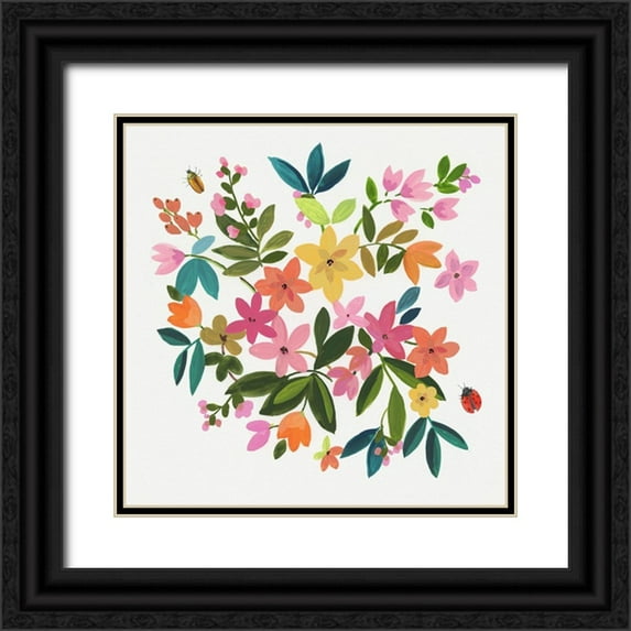 Jensen, Asia 20x20 Black Ornate Wood Framed with Double Matting Museum Art Print Titled - Folky Flowers II