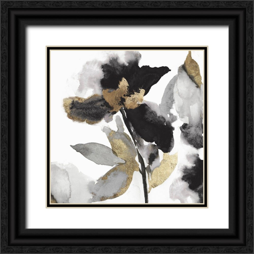 Black and Gold Floral Canvas Print with Ornate Frame, 26x26