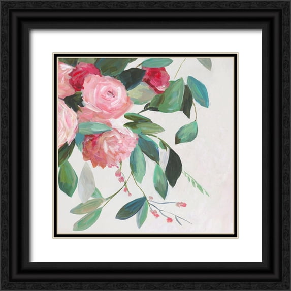 Jensen, Asia 26x26 Black Ornate Wood Framed with Double Matting Museum Art Print Titled - Red Florals II