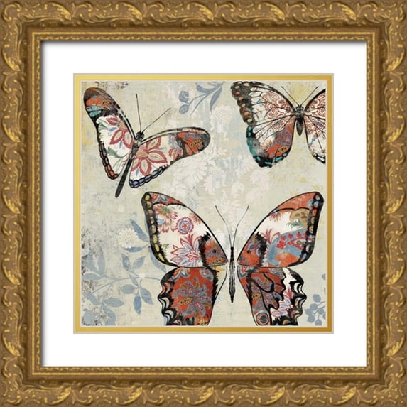 Jensen, Asia 26x26 Gold Ornate Wood Framed with Double Matting Museum Art Print Titled - Patterned Butterflies I