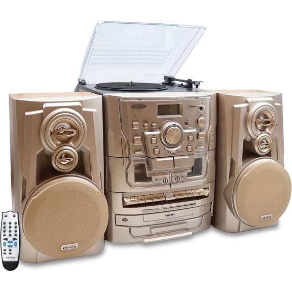 Jensen Bluetooth 3-Speed Turntable CD Player Home Stereo System and Digital AM/FM Radio Tuner 3 CD Changer Music System, Dual Cassette Deck, Stereo Record Player with Remote Control, Gold