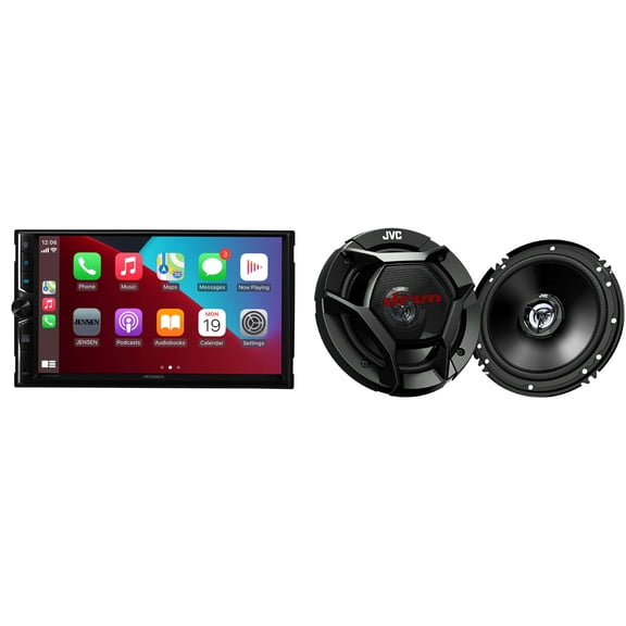 Jensen CAR723W 7" Touch Screen Digital Multimedia Receiver Wireless or Wired Apple CarPlay and Android Auto Compatible with 1 Pair JVC CS-DR621 6-1/2" 2-Way Coaxial Speakers / 300W Max Power