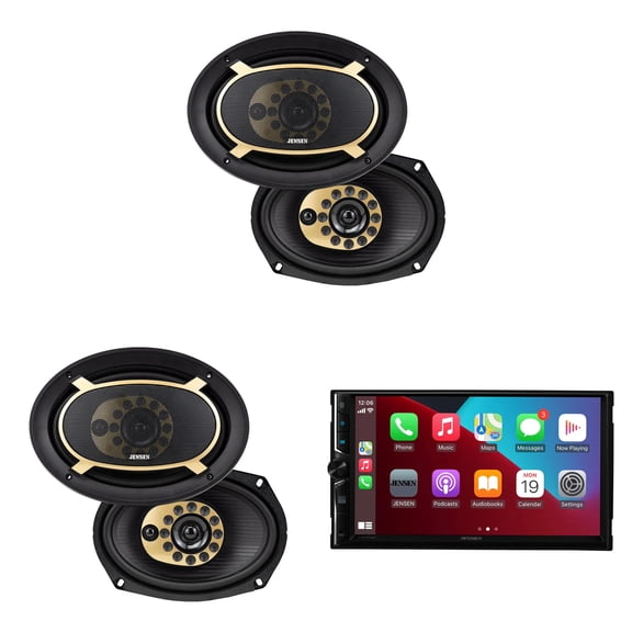 Jensen CAR723W 7" Touch Screen Digital Multimedia Receiver Wireless or Wired Apple CarPlay and Android Auto Compatible with 2 Pairs JS69T 6x8" 3-Way Triaxial Speakers