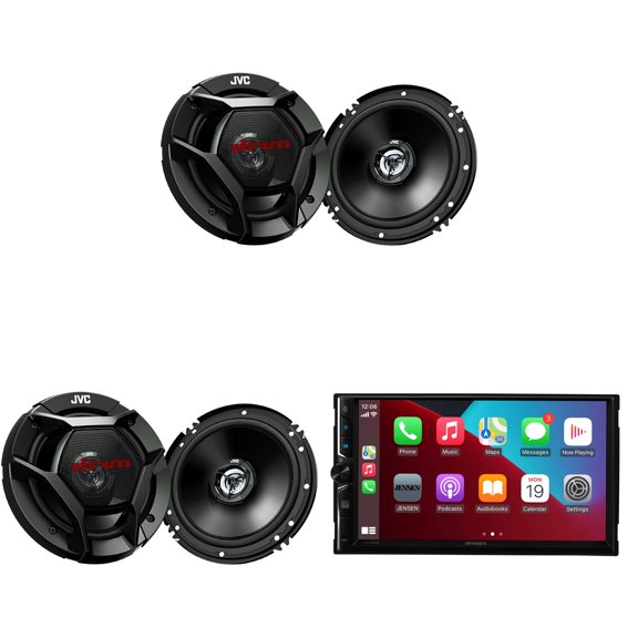 Jensen CAR723W 7" Touch Screen Digital Multimedia Receiver Wireless or Wired Apple CarPlay and Android Auto Compatible with 2 Pairs JVC CS-DR621 6-1/2" 2-Way Coaxial Speakers / 300W Max Power