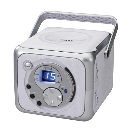 Jensen CD-555 White/Silver CD Bluetooth Boombox Portable Bluetooth Music System with CD Player +CD-R/RW & FM Radio with Aux-in & Headphone Jack Line-In Silver