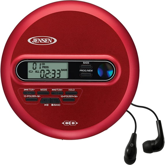 Jensen CD-65 Portable Personal CD Player CD/MP3 Player + Digital AM/FM Radio + with LCD Display Bass Boost 60-Second Anti Skip CD R/RW/Compatible Sport Earbuds Included