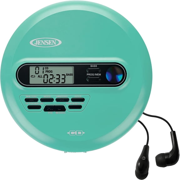 Jensen CD-65 Teal Portable Personal CD Player CD/MP3 Player + Digital AM/FM Radio + with LCD Display Bass Boost 60-Second Anti Skip CD R/RW/Compatible Sport Earbuds Included (Limited Edition Color)