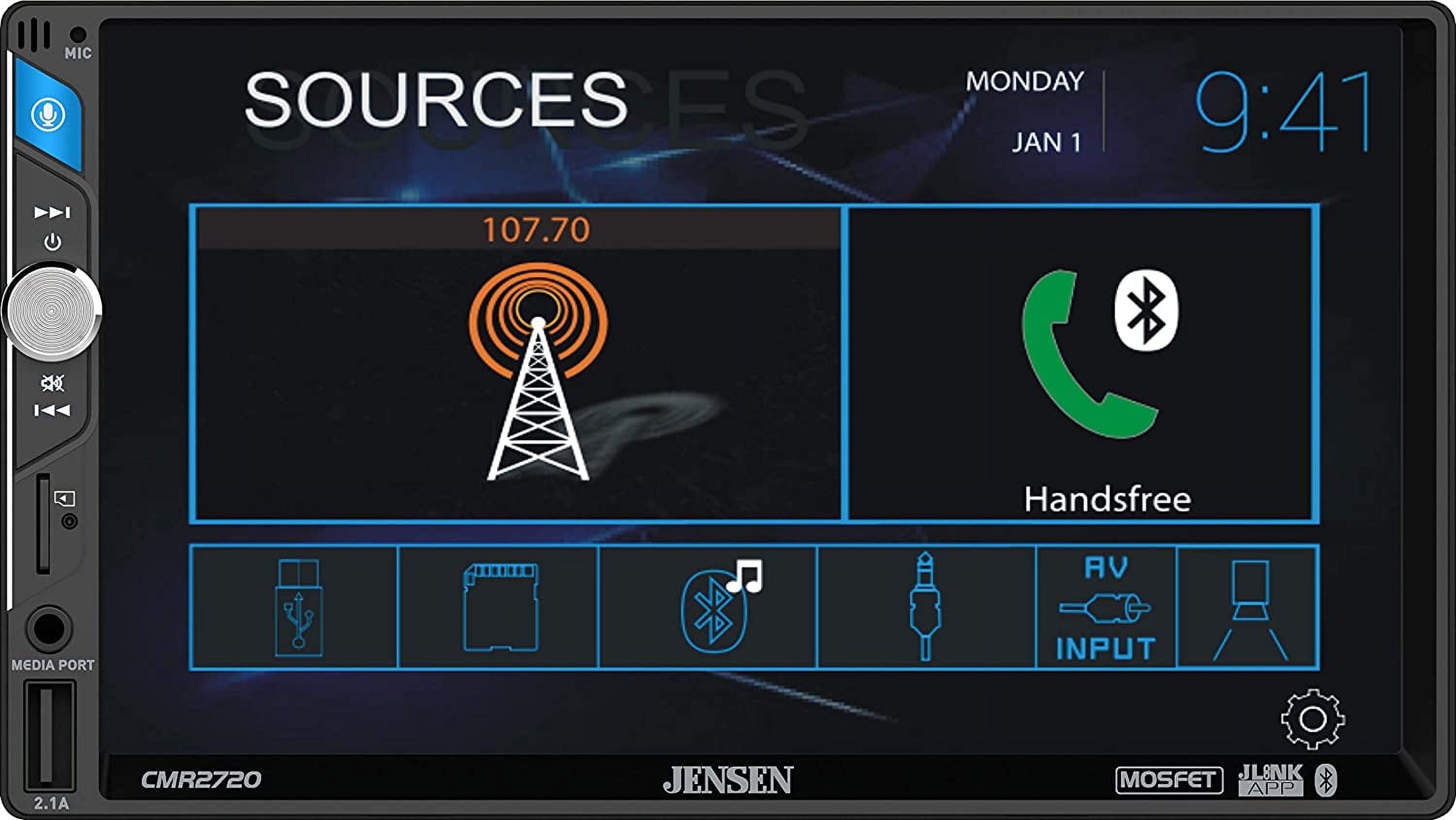 Jensen CMR2720 7" Digital Media Receiver with Built-in Bluetooth | 2.0 DIN | Push-to-Talk Voice Activation | 200 Watts (50 Watts x 4) | J-Link Smart Remote App | USB Input with Charging