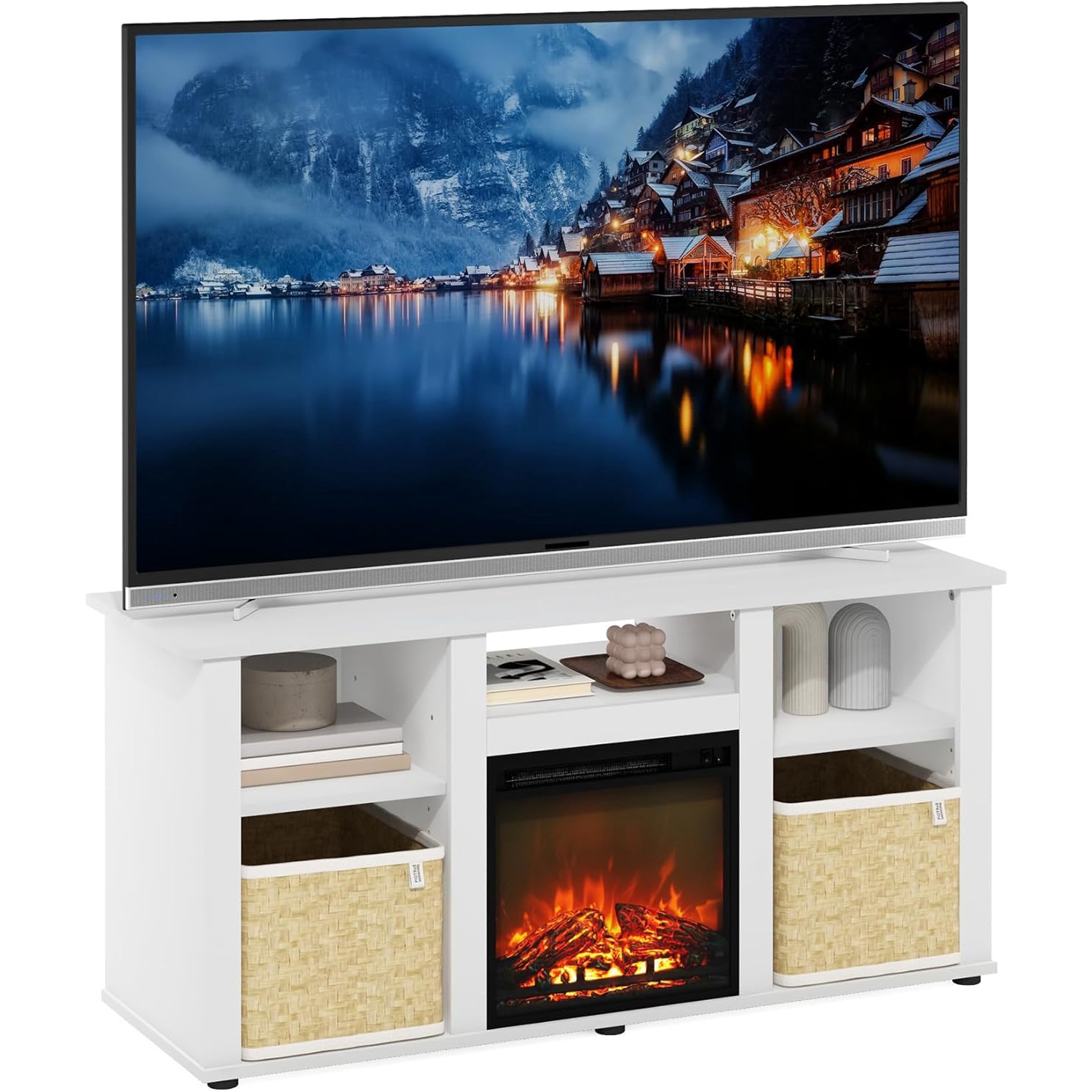 Jensen Fireplace TV Entertainment Center with Open Storage Compartment