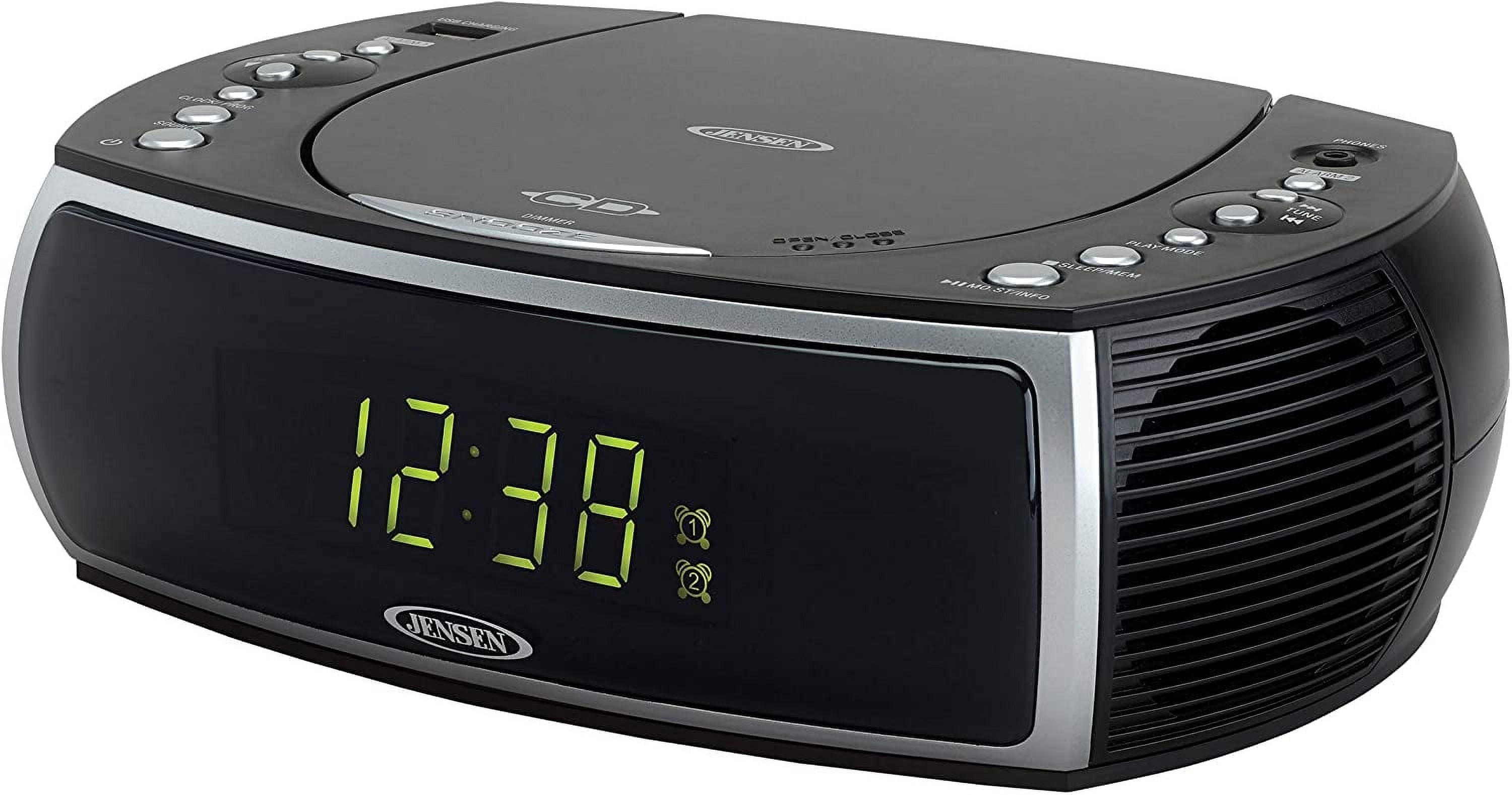 Jensen JCR-322 Modern Home CD Tabletop Stereo Clock Digital AM/FM Radio CD Player Dual Alarm Clock (Black)