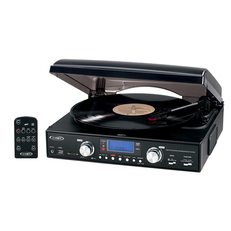 Jensen 3-Speed Stereo Turntable Record Player with Speakers, AM/FM